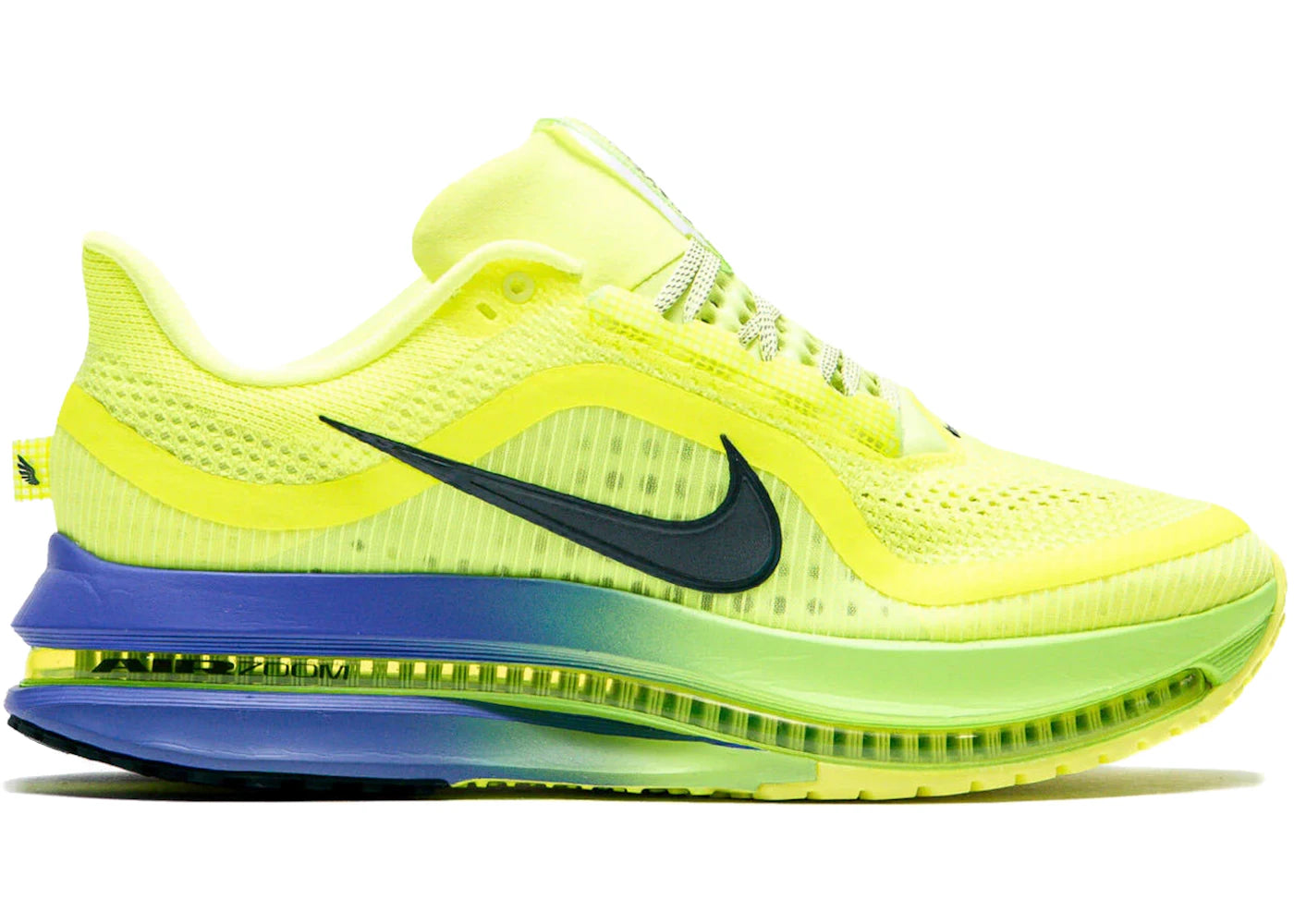 Nike Air Zoom Pegasus Premium Lime Blast Sapphire en mesh technique avec amorti ZoomX ReactX et Air Zoom visible intégrale. vue de profil