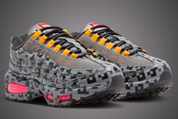 Sneaker Nike Air Max 95 LEGO Pixel Camo avec motif camouflage pixelisé inspiré de LEGO, unités Air visibles et design rétro-running iconique.