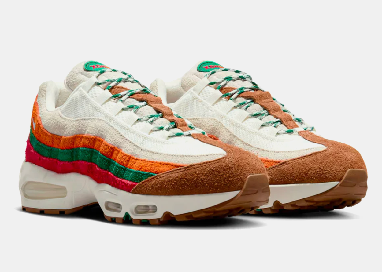 Nike Air Max 95 OG Big Bubble 7-Eleven avec tige en mesh, cuir et daim, détails verts, rouges et orange, unités Max Air Big Bubble visibles et semelle extérieure en caoutchouc.