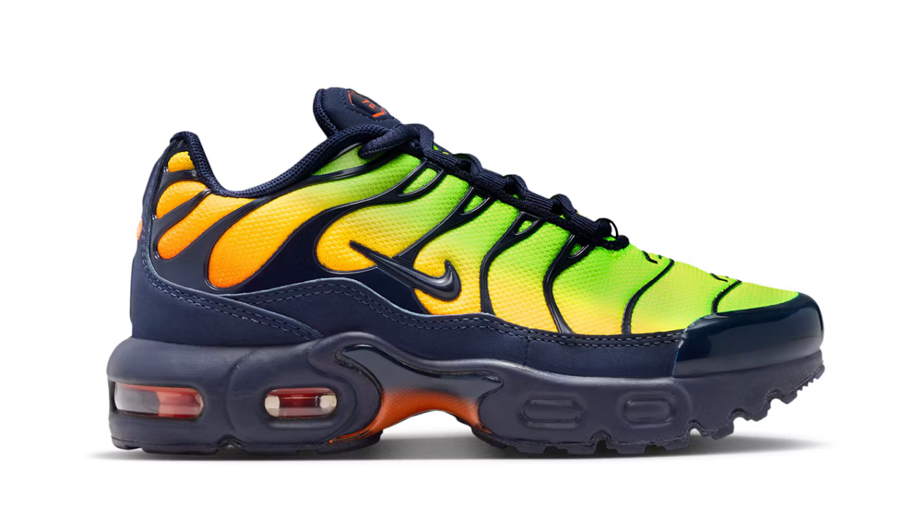 Nike Air Max Plus Lemon Venom (PS) FZ0023-700 pour enfant, coloris jaune, orange et bleu foncé, avec amorti Air et design TN emblématique.