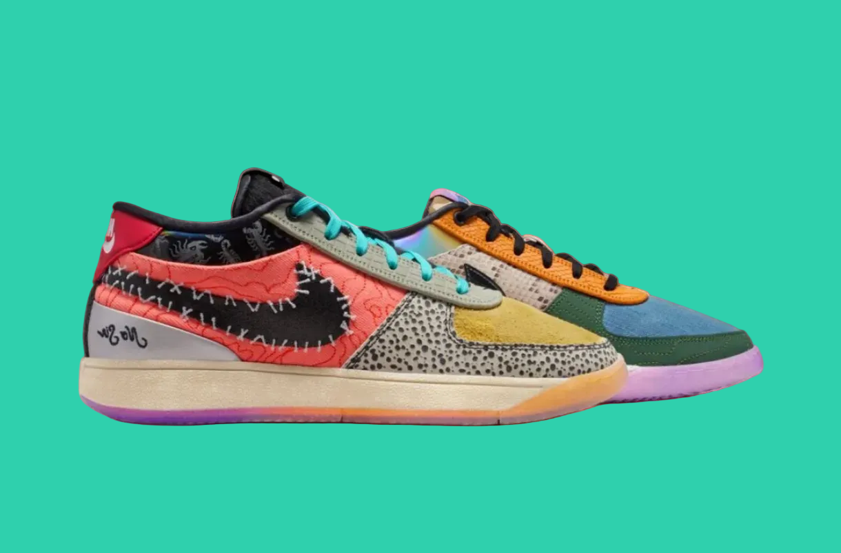Nike Book 1 What The à silhouette basse, avec tige multicouche asymétrique et multicolore, empiècements contrastés, amorti Zoom Air et semelle en caoutchouc adhérente.