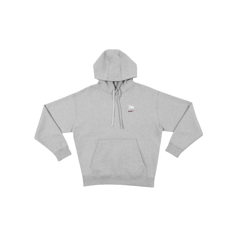 Nike FC Barcelona x Patta Solo Swoosh Hoodie Grey, sweat à capuche gris chiné avec cœur brodé du Barça, poche kangourou et graphismes Patta au dos.