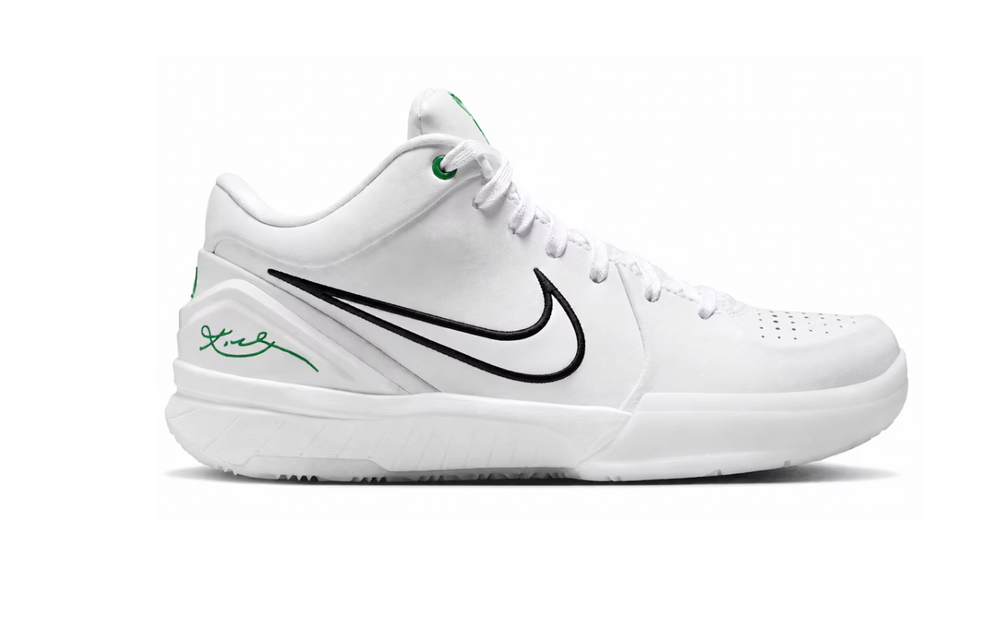 Nike Kobe 4 Protro Draft Day Pack Boston Celtics avec tige en mesh respirant, empiècements synthétiques blancs et verts, construction Protro et semelle extérieure en caoutchouc.