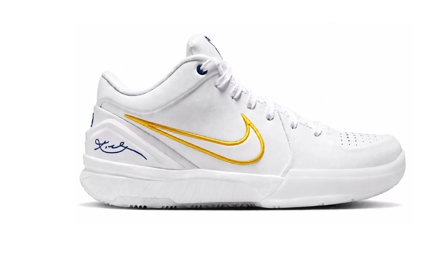 Nike Kobe 4 Protro Draft Day Pack Indiana Pacers avec tige en mesh respirant, empiècements synthétiques blancs, bleus et jaunes, construction Protro et semelle extérieure en caoutchouc.