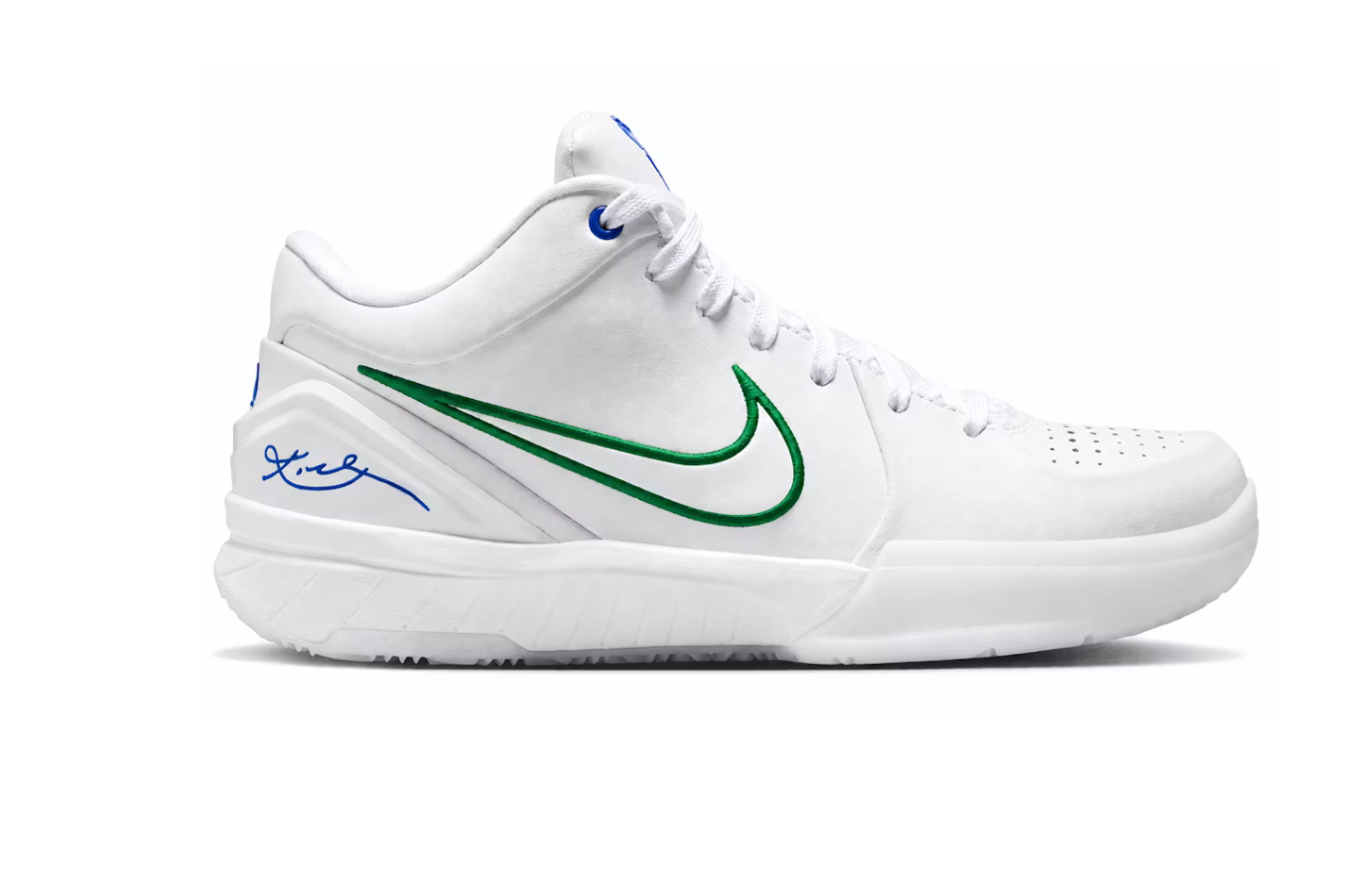 Nike Kobe 4 Protro Draft Day Pack Minnesota Timberwolves avec tige en mesh respirant, empiècements synthétiques blancs, bleus et verts, construction Protro et semelle extérieure en caoutchouc.