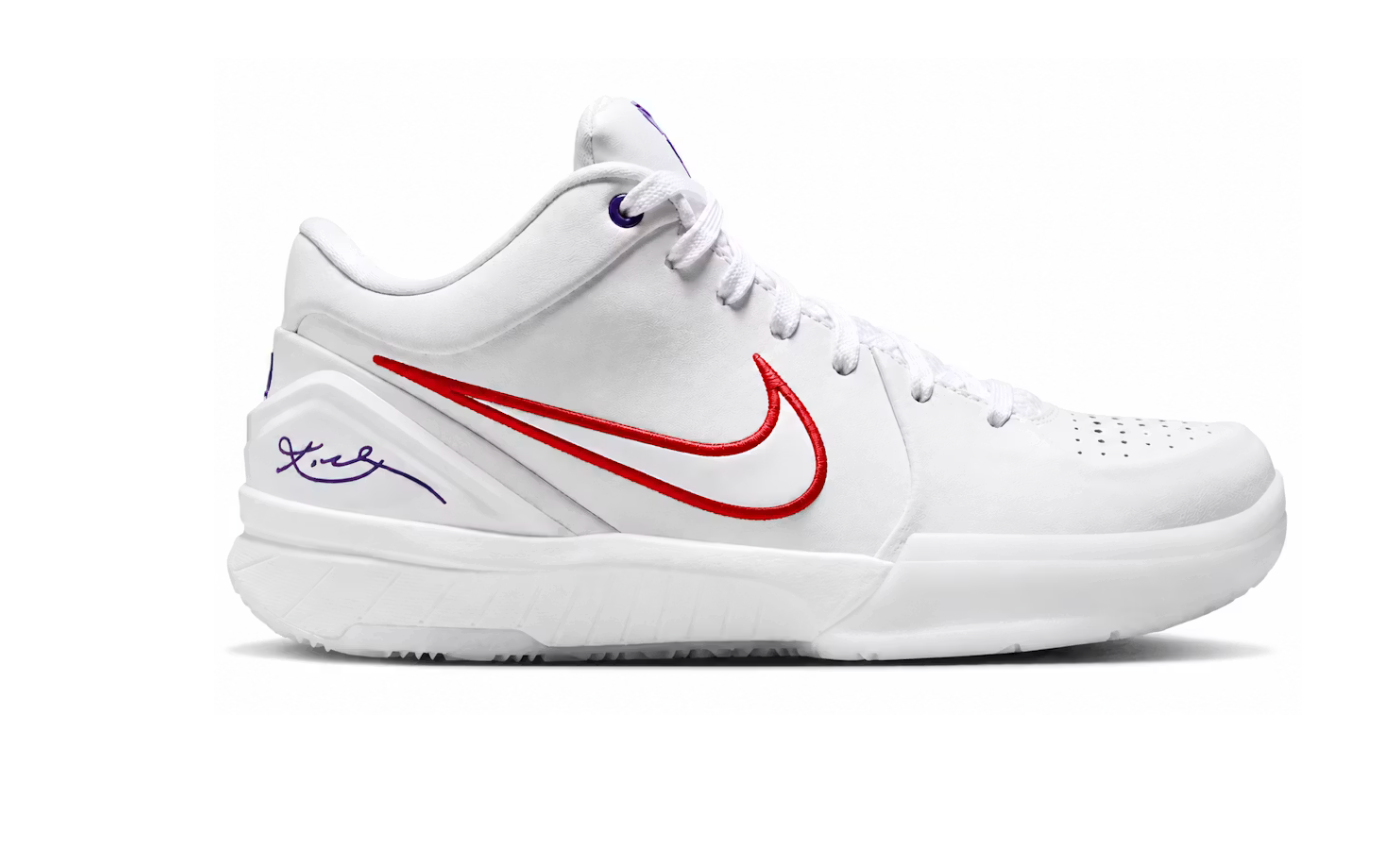 Nike Kobe 4 Protro Draft Day Pack Toronto Raptors avec tige en mesh respirant, empiècements synthétiques blancs, violets et rouges, construction Protro et semelle extérieure en caoutchouc.
