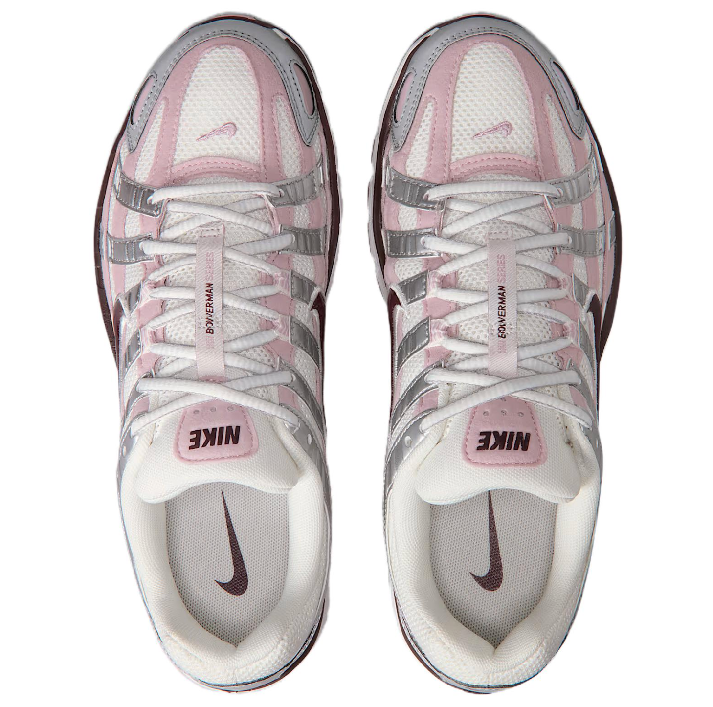 Nike P-6000 Silver Burgundy Plum Chalk blanche et argentée avec mesh, empiècements Metallic Silver, détails Burgundy Crush et Plum Chalk vue de profil intérieur vue du dessus. 