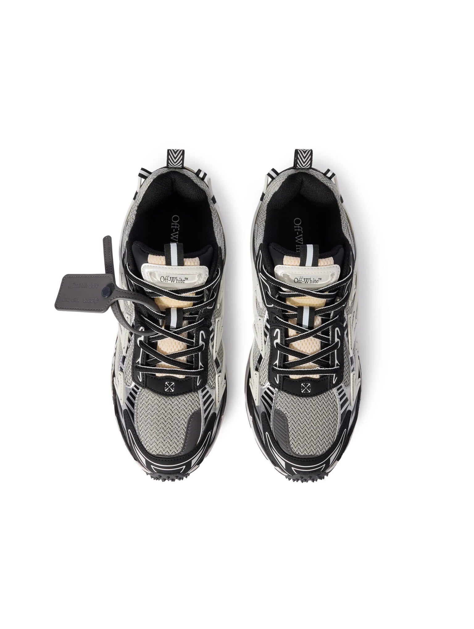 OFF-WHITE Be Right Back Grey Black grises et noires en matériaux techniques avec détails graphiques signature et semelle sculpturale (vue de dessus)