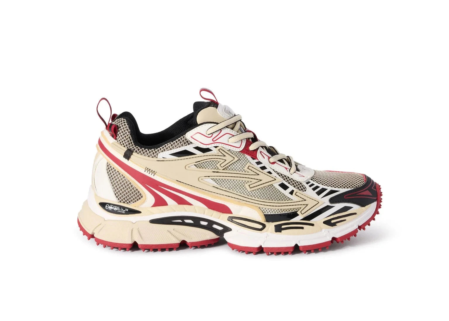 OFF-WHITE Be Right Back Sand Red beiges et rouges en matériaux techniques avec détails graphiques signature et semelle sculpturale (vue de profil)