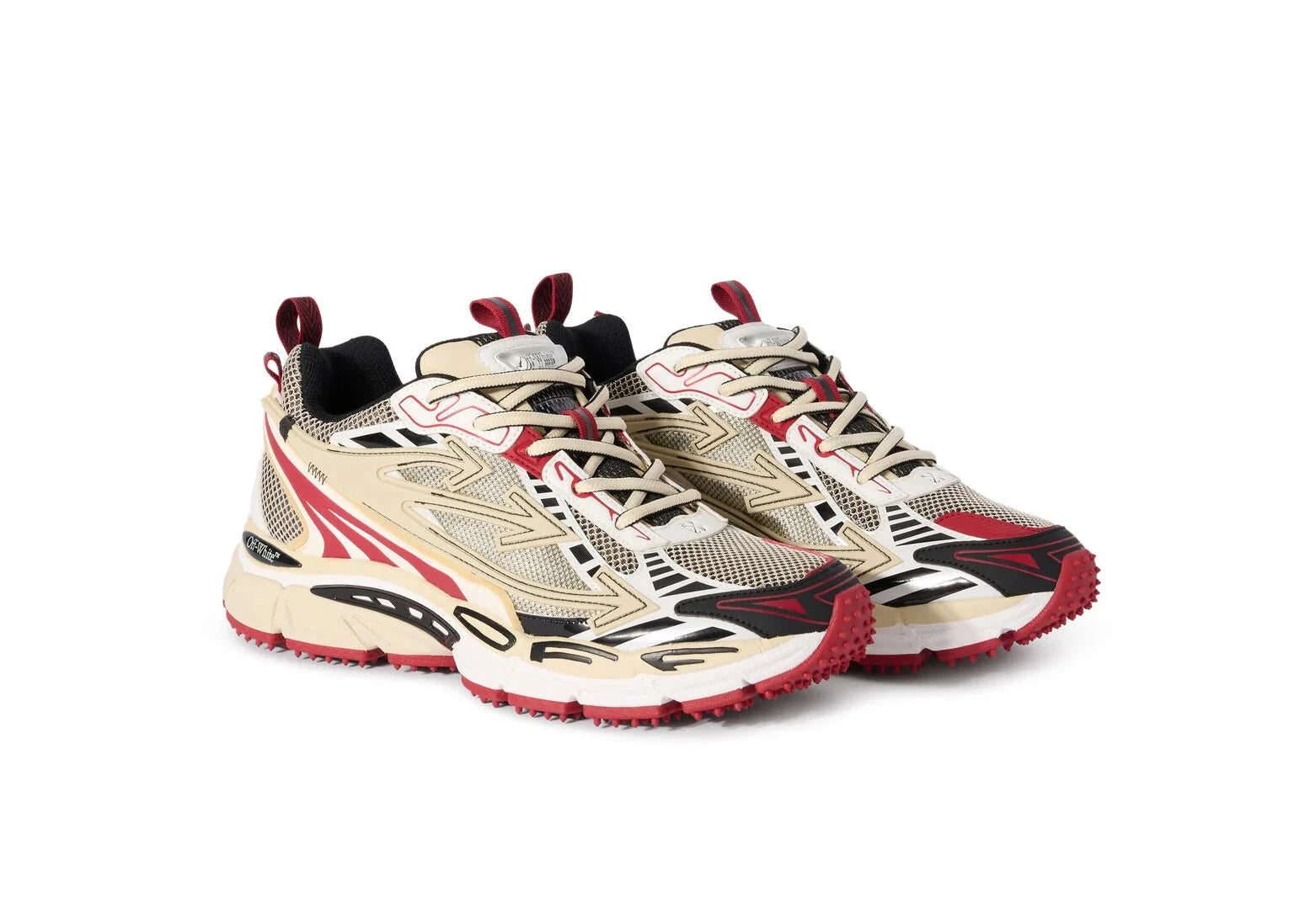 OFF-WHITE Be Right Back Sand Red beiges et rouges en matériaux techniques avec détails graphiques signature et semelle sculpturale (vue de 3/4)
