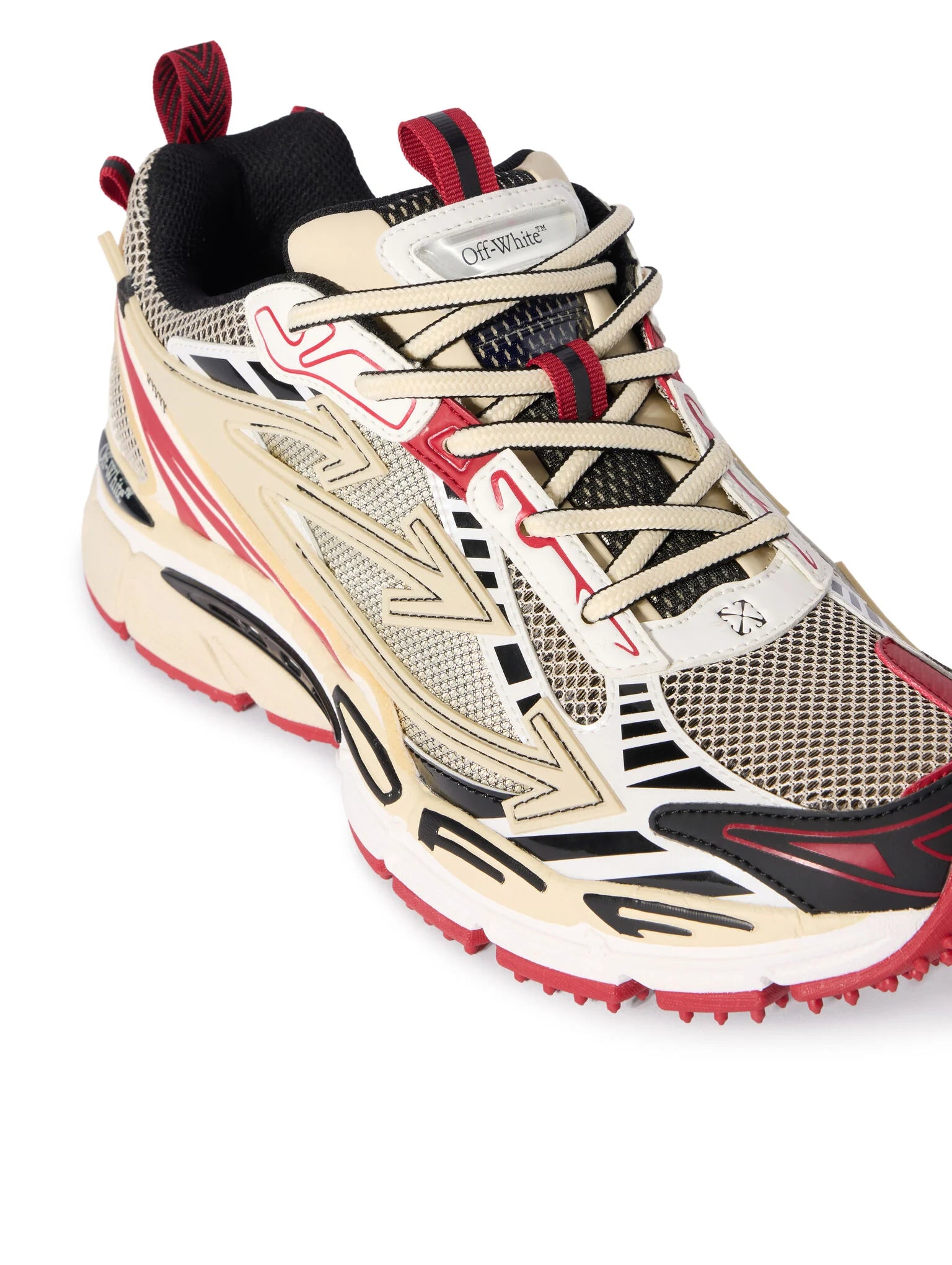 OFF-WHITE Be Right Back Sand Red beiges et rouges en matériaux techniques avec détails graphiques signature et semelle sculpturale (zoom avant)