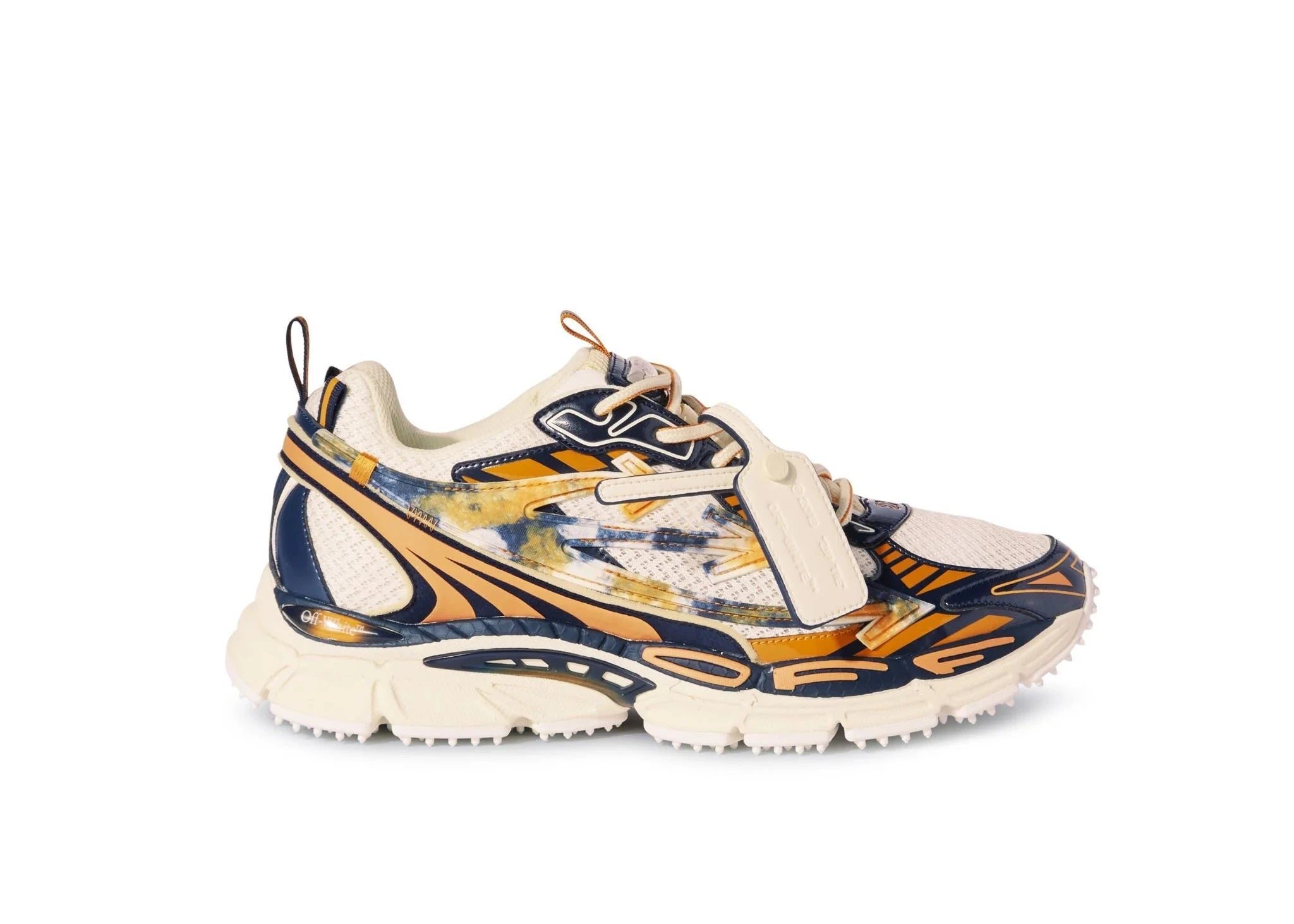 OFF-WHITE Be Right Back Silver Peach argentées et pêche en matériaux techniques avec détails graphiques signature et semelle sculpturale (vue de profil)