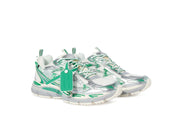 OFF-WHITE Be Right Back Silver Turquoise avec tige en mesh respirant, empiècements synthétiques argentés et turquoise, silhouette running moderne et semelle épaisse en caoutchouc.