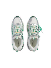 OFF-WHITE Be Right Back Silver Turquoise avec tige en mesh respirant, empiècements synthétiques argentés et turquoise, silhouette running moderne et semelle épaisse en caoutchouc.