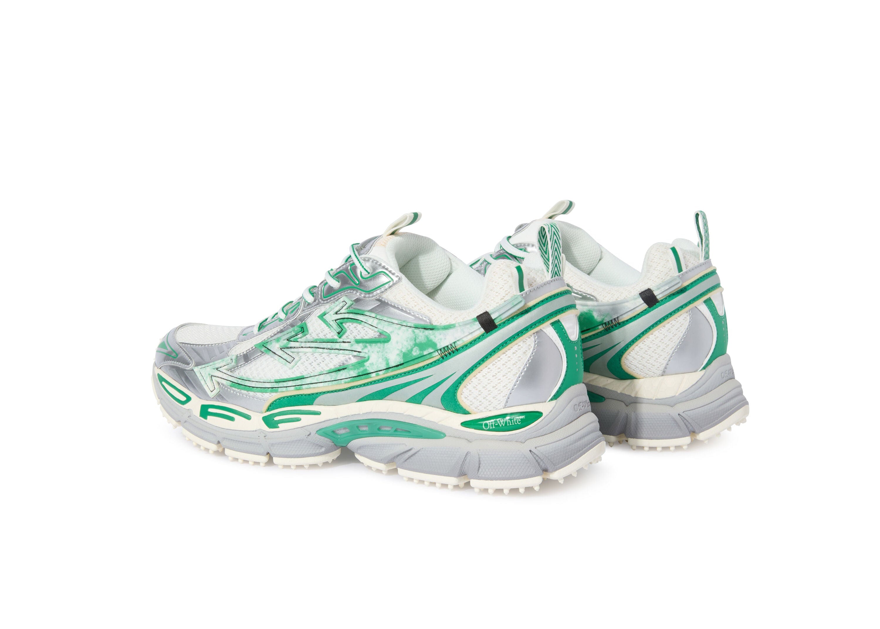 OFF-WHITE Be Right Back Silver Turquoise avec tige en mesh respirant, empiècements synthétiques argentés et turquoise, silhouette running moderne et semelle épaisse en caoutchouc.