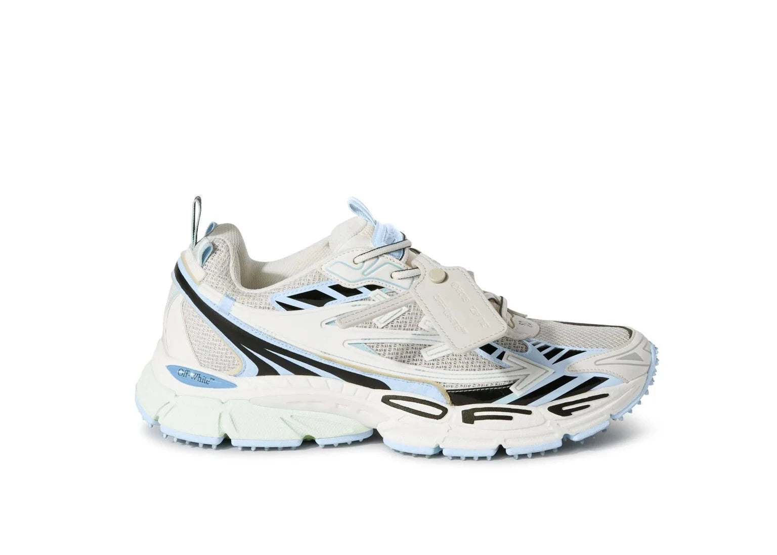OFF-WHITE Be Right Back White Light Blue blanches et bleu clair en matériaux techniques avec détails graphiques signature et semelle sculpturale (vue de profil)
