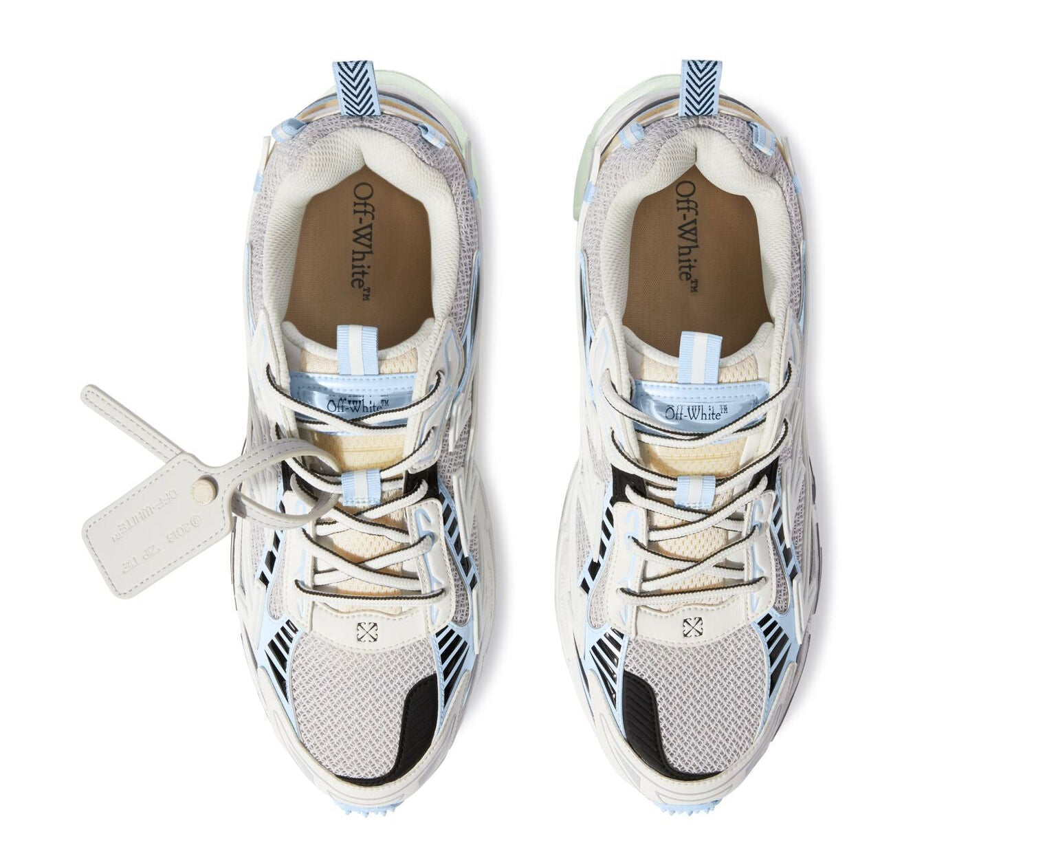 OFF-WHITE Be Right Back White Light Blue blanches et bleu clair en matériaux techniques avec détails graphiques signature et semelle sculpturale (vue de dessus)