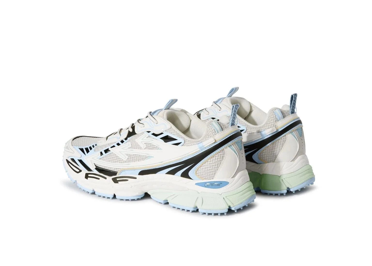 OFF-WHITE Be Right Back White Light Blue blanches et bleu clair en matériaux techniques avec détails graphiques signature et semelle sculpturale (vue de 3/4 arrière)