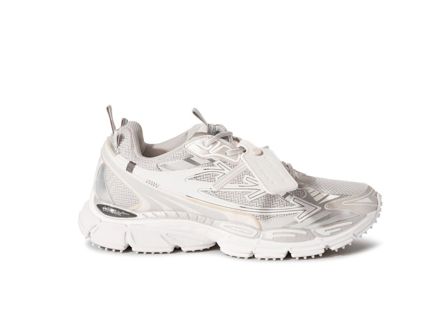 OFF-WHITE Be Right Back Grey grises en matériaux techniques avec détails graphiques signature et semelle sculpturale (vue de profil)