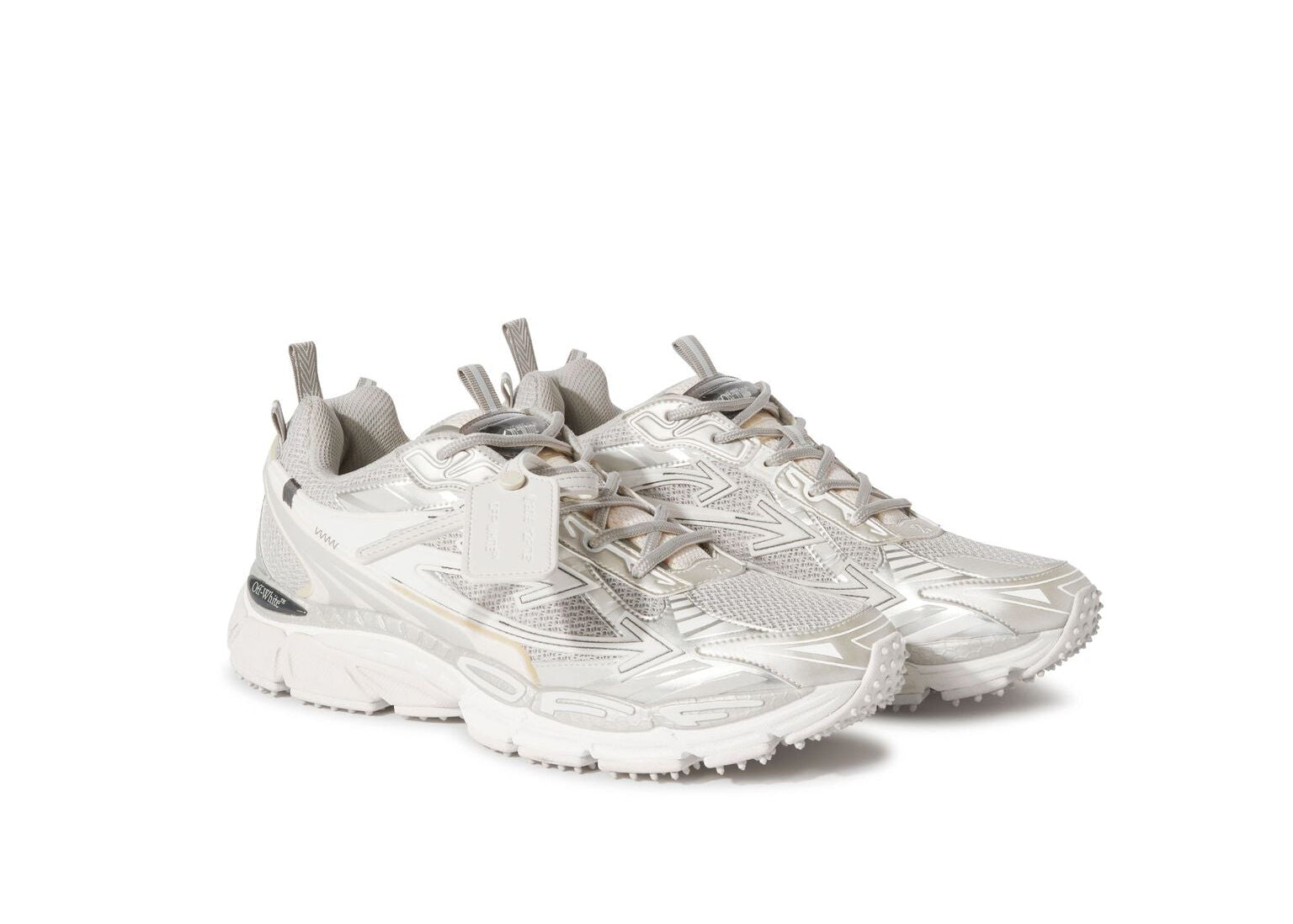 OFF-WHITE Be Right Back Grey grises en matériaux techniques avec détails graphiques signature et semelle sculpturale (vue de 3/4)