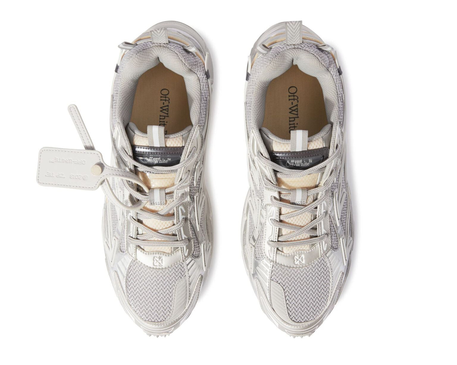 OFF-WHITE Be Right Back Grey grises en matériaux techniques avec détails graphiques signature et semelle sculpturale (vue de dessus)