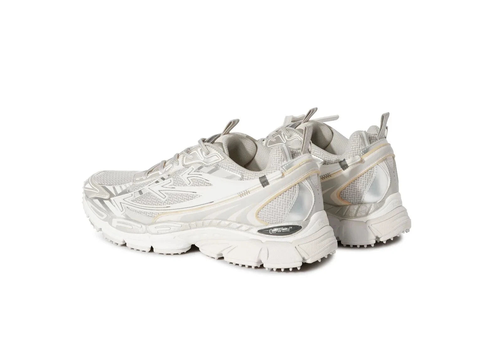 OFF-WHITE Be Right Back Grey grises en matériaux techniques avec détails graphiques signature et semelle sculpturale (vue de 3/4 arrière)