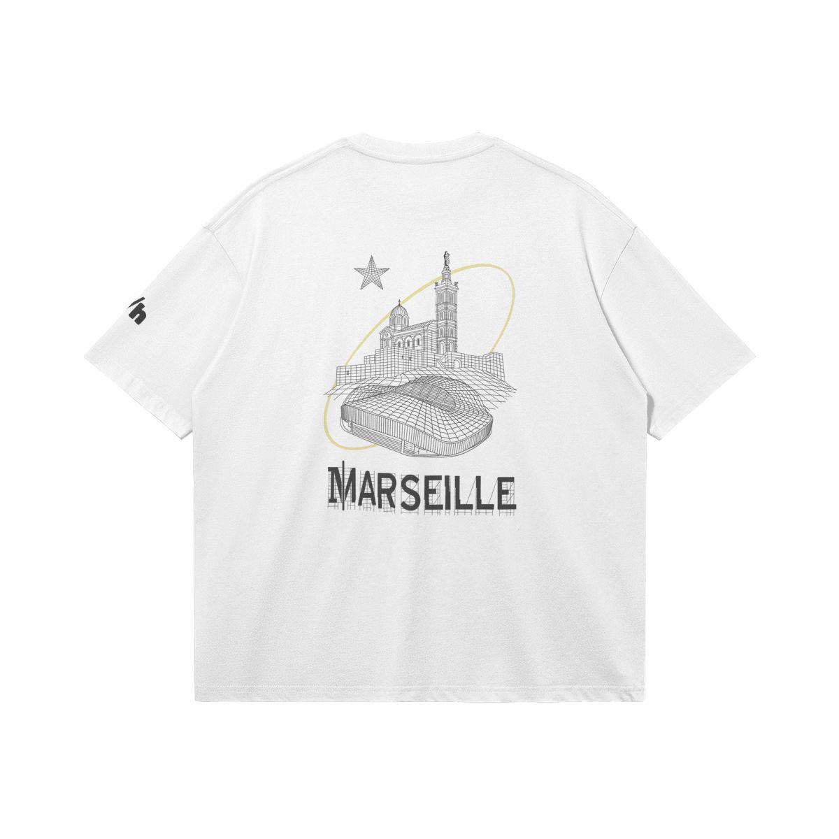 Higher Marseille – sérigraphie artisanale avec Notre-Dame de la Garde et le Vélodrome", vue de dos
