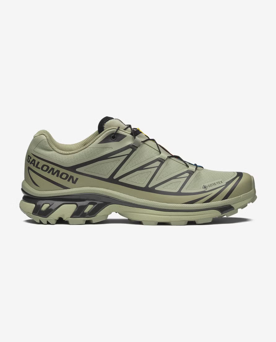 Salomon XT-6 Gore-Tex Tea Peat, chaussure en tons terreux avec membrane Gore-Tex, renforts techniques et semelle Contagrip. (vue de profil)