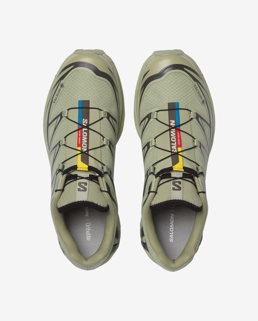 Salomon XT-6 Gore-Tex Tea Peat, chaussure en tons terreux avec membrane Gore-Tex, renforts techniques et semelle Contagrip. (vue de dessus)