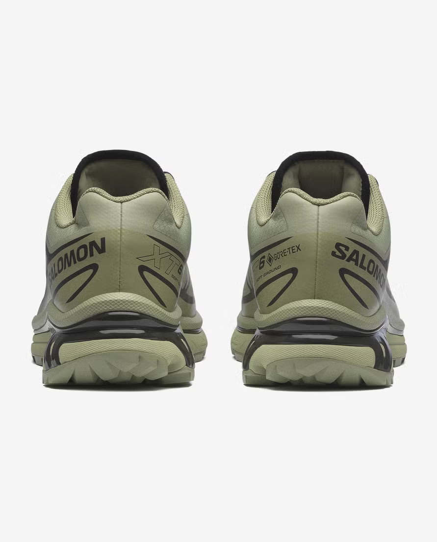 Salomon XT-6 Gore-Tex Tea Peat, chaussure en tons terreux avec membrane Gore-Tex, renforts techniques et semelle Contagrip. (vue de derrière)