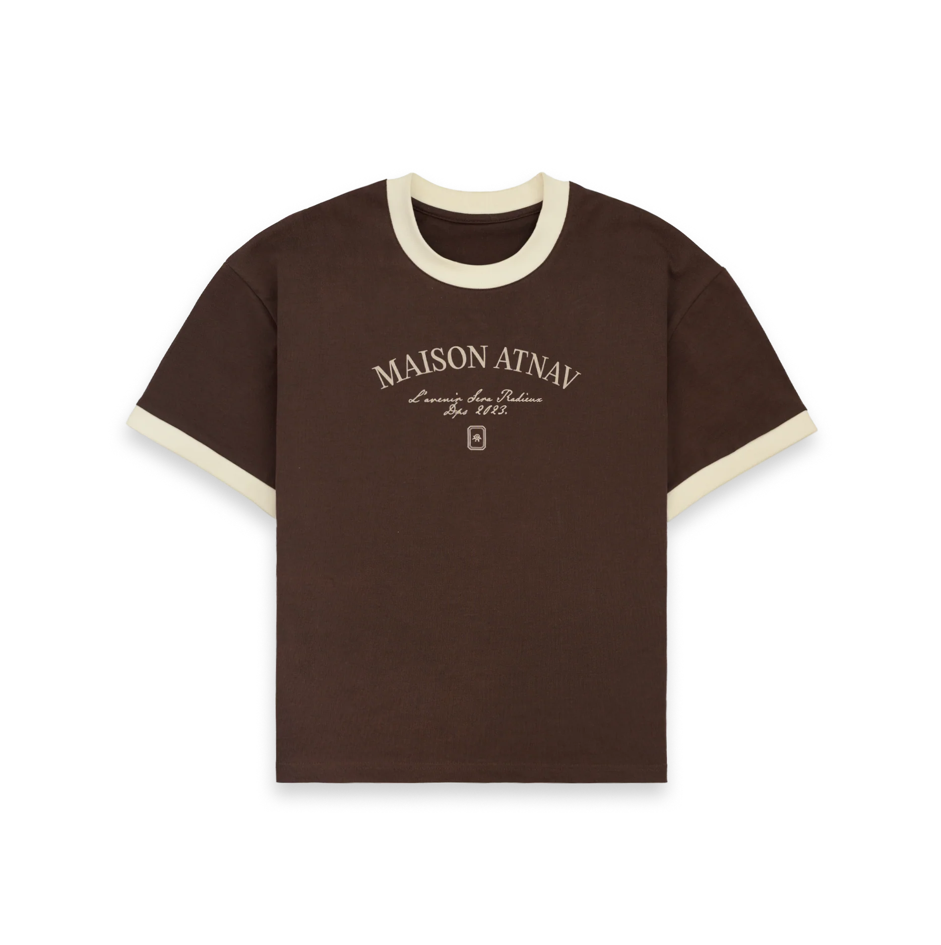 Tee-shirt Maison ATNAV marron et écru en coton premium avec coupe minimaliste et marquage M.A signature