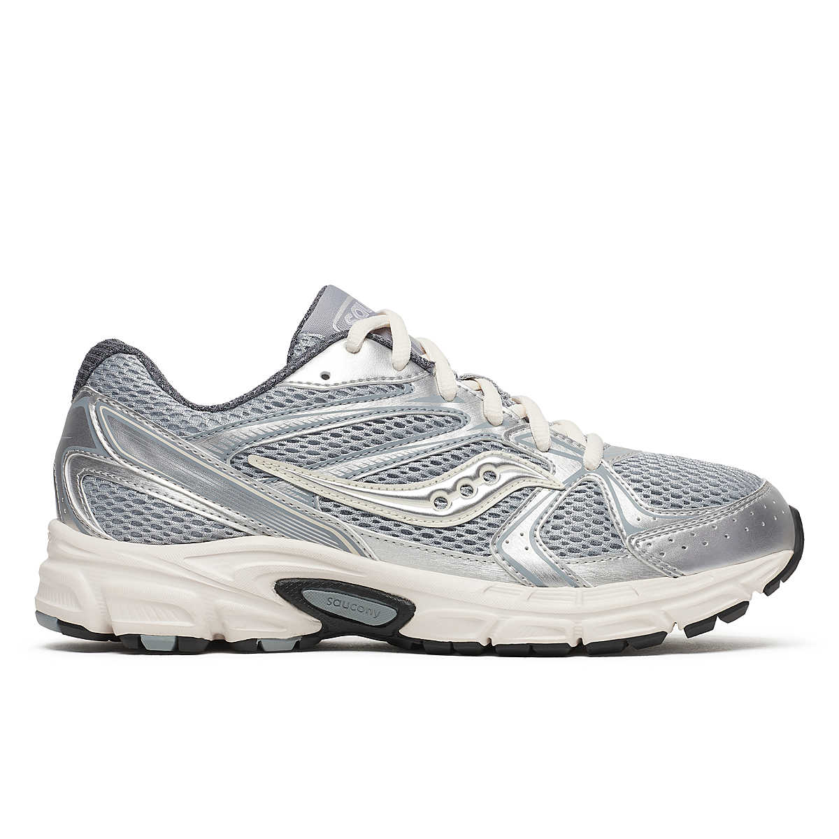 Saucony Grid Ride Millennium argentée avec superpositions chromées et amorti GRID rétro-tech. Vue de coté 