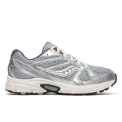 Saucony Grid Ride Millennium argentée avec superpositions chromées et amorti GRID rétro-tech. Vue de coté 
