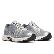 Saucony Grid Ride Millennium argentée avec superpositions chromées et amorti GRID rétro-tech.Vue de profil