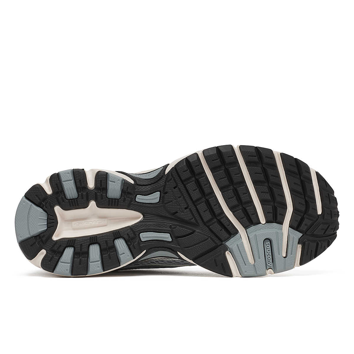 Saucony Grid Ride Millennium argentée avec superpositions chromées et amorti GRID rétro-tech. Vue de la semelle