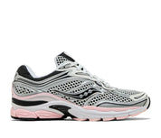 Saucony ProGrid Omni 9 Silver Pink en mesh argenté avec détails roses et amorti ProGrid vue de profil. 