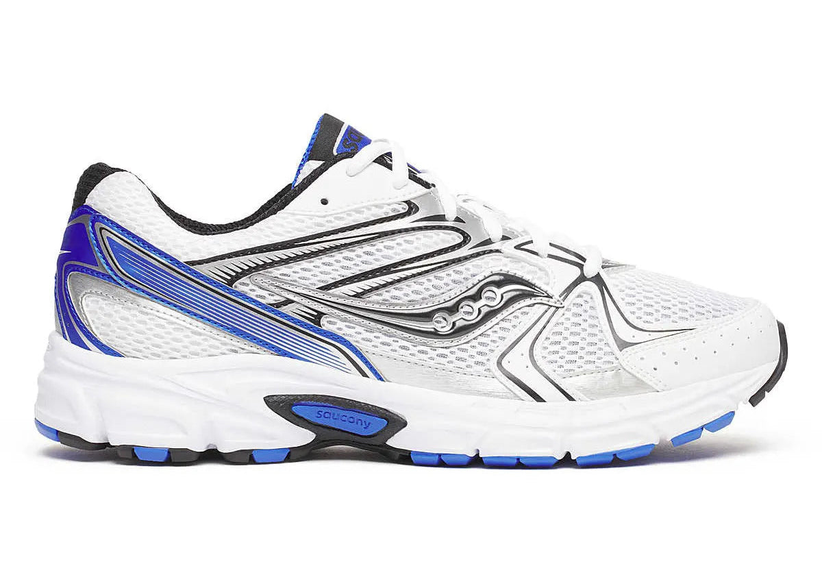 Saucony Ride Millennium blanche avec détails noir et Royal Blue, mesh respirant et amorti GR. Vue de coté 