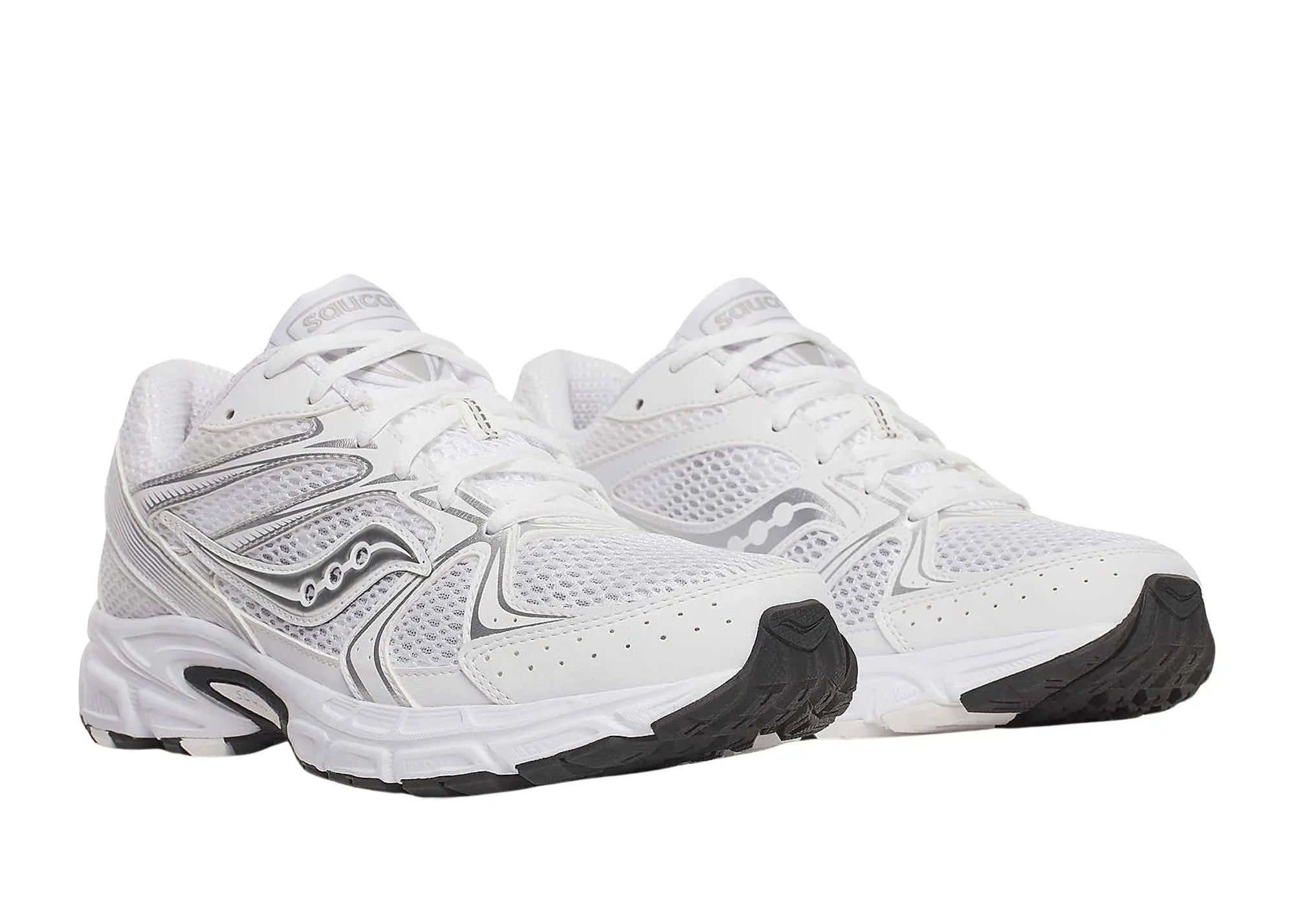 Saucony Grid Ride Millennium White Silver Black, sneaker Saucony rétro-running blanche, argentée et noire en mesh avec empiècements techniques et amorti GRID.