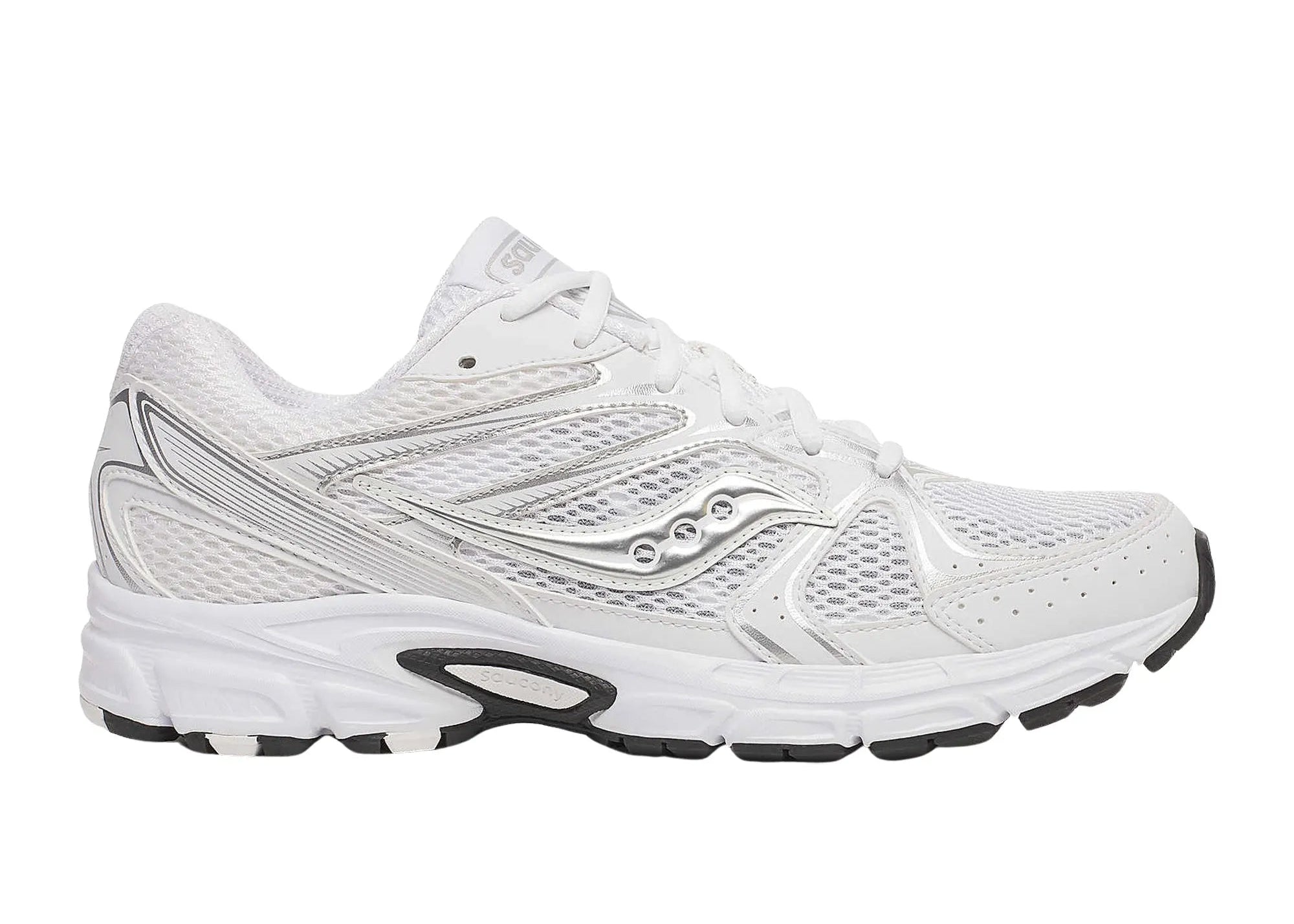 Saucony Grid Ride Millennium White Silver Black, sneaker Saucony rétro-running blanche, argentée et noire en mesh avec empiècements techniques et amorti GRID.