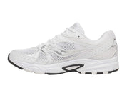 Saucony Grid Ride Millennium White Silver Black, sneaker Saucony rétro-running blanche, argentée et noire en mesh avec empiècements techniques et amorti GRID.
