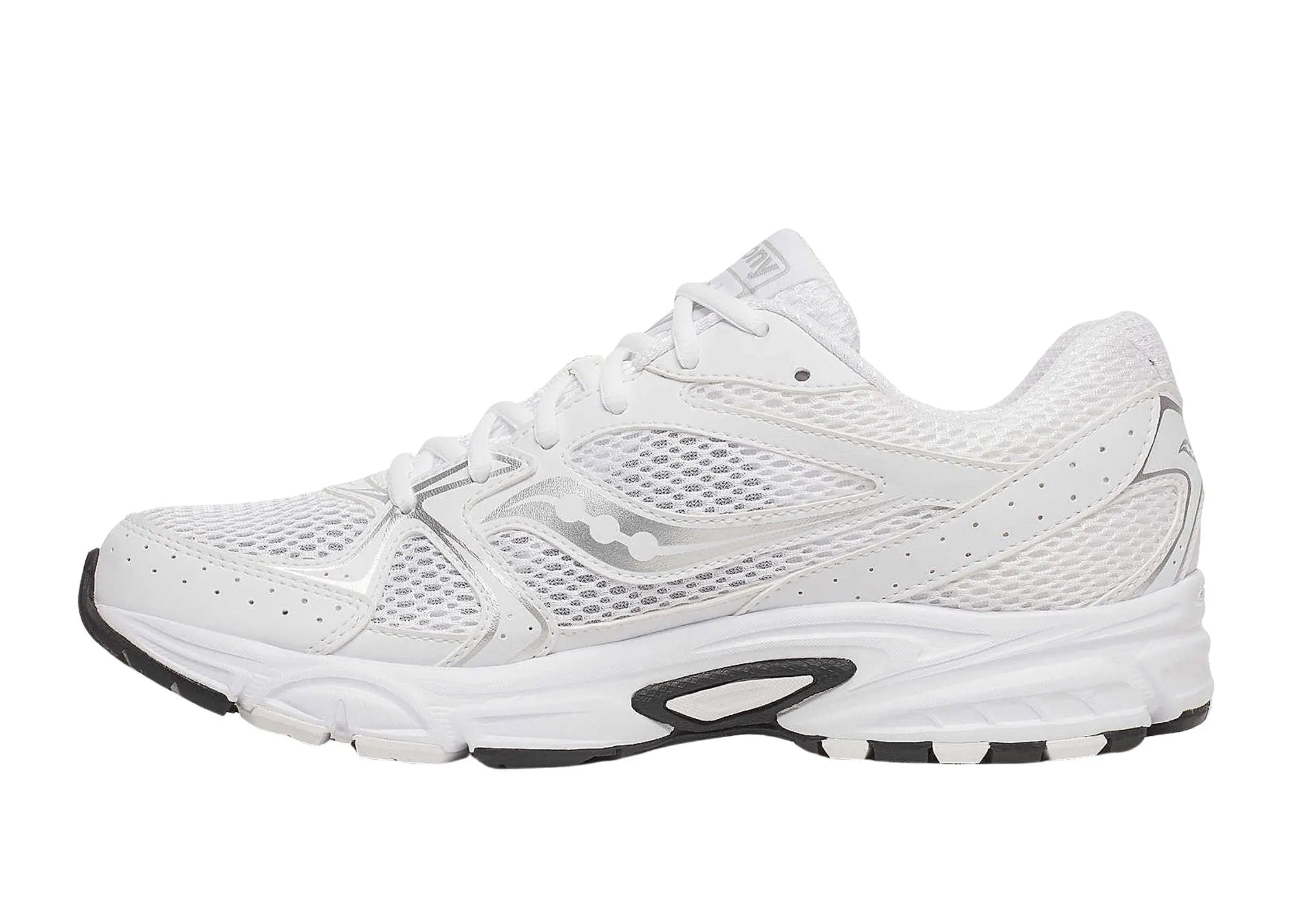 Saucony Grid Ride Millennium White Silver Black, sneaker Saucony rétro-running blanche, argentée et noire en mesh avec empiècements techniques et amorti GRID.