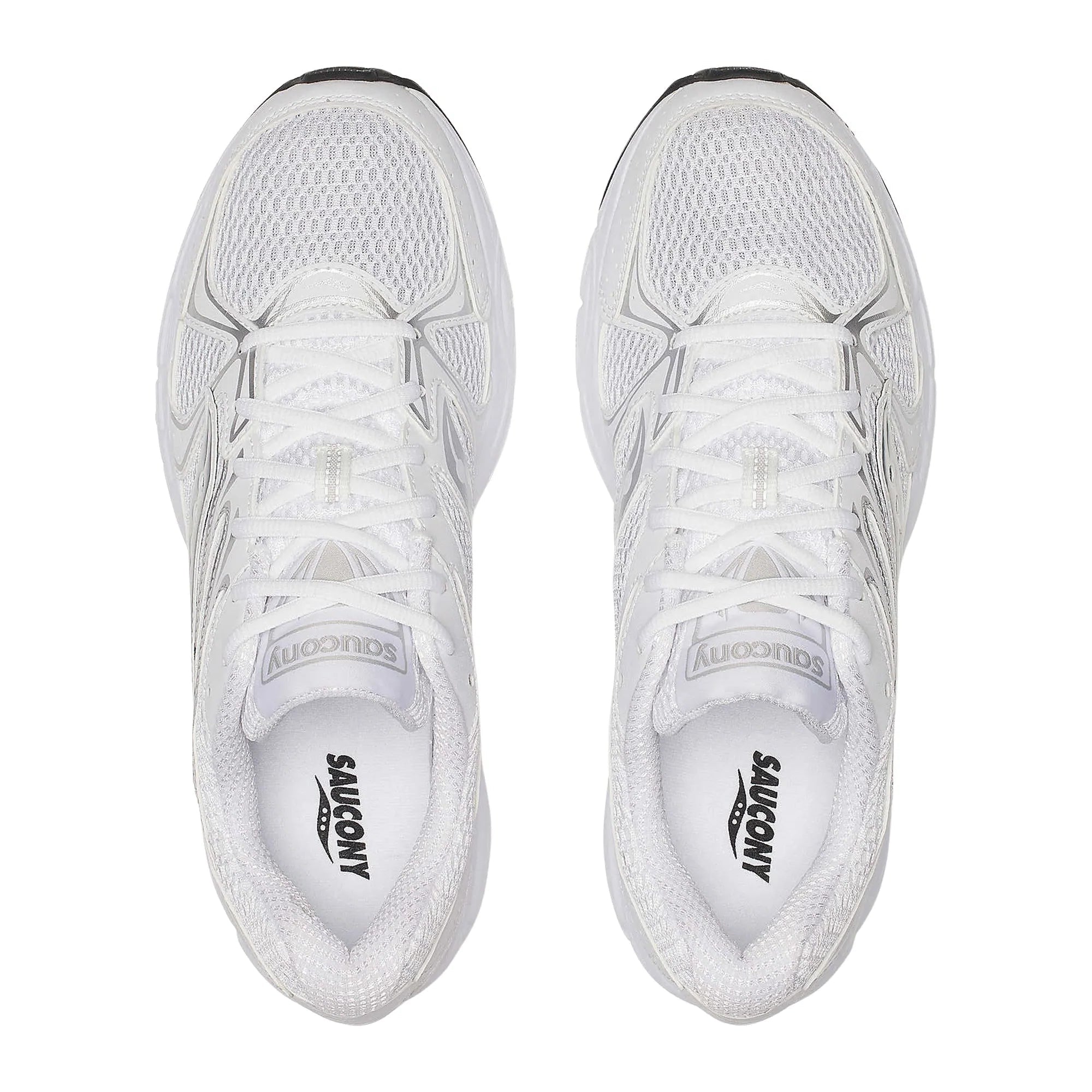 Saucony Grid Ride Millennium White Silver Black, sneaker Saucony rétro-running blanche, argentée et noire en mesh avec empiècements techniques et amorti GRID.
