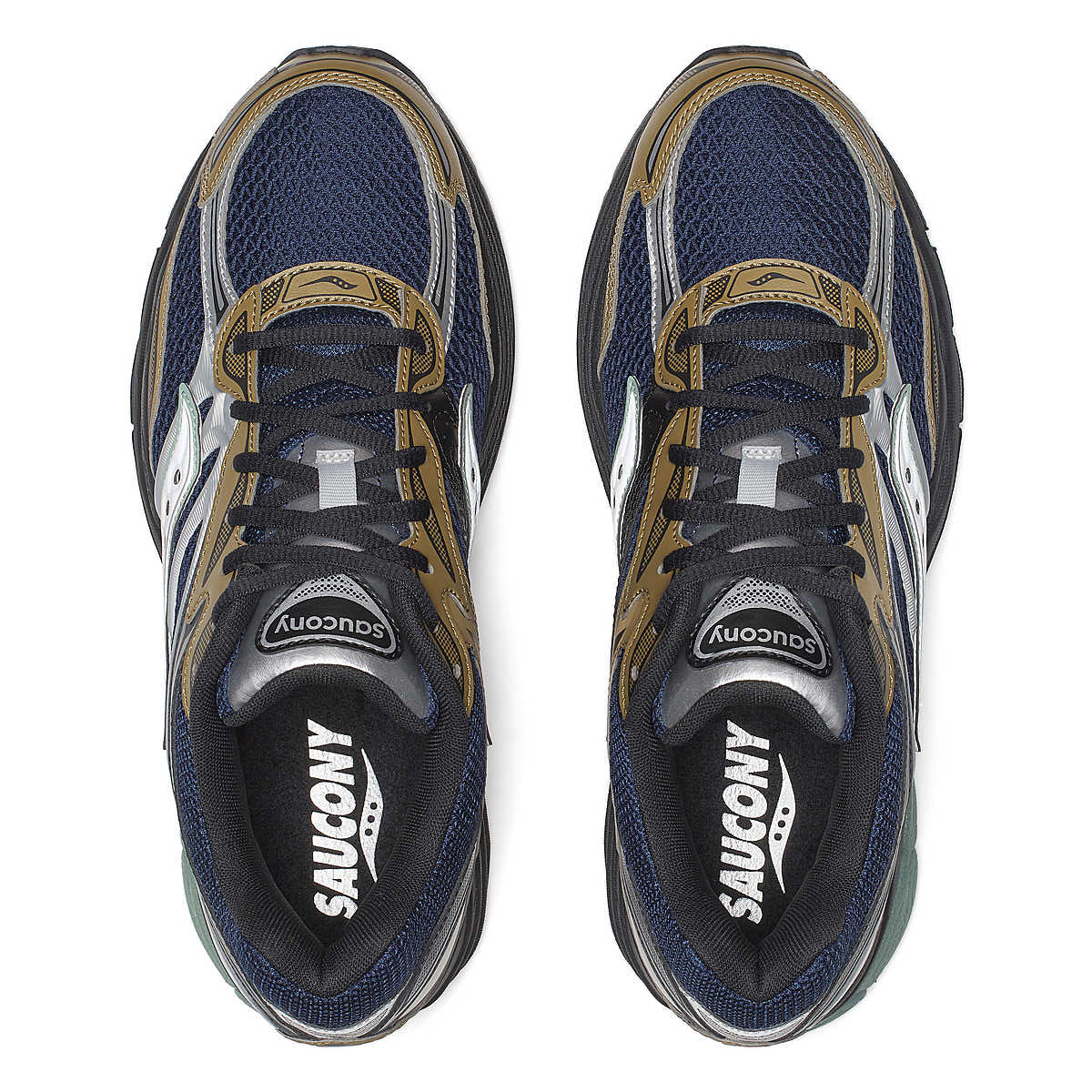 Saucony ProGrid Omni 9 Tomorrow, Meet Yesterday Pack Brown Navy en mesh brun avec détails bleu marine et amorti ProGrid vue du dessus. 