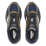Saucony ProGrid Omni 9 Tomorrow, Meet Yesterday Pack Brown Navy en mesh brun avec détails bleu marine et amorti ProGrid vue du dessus. 