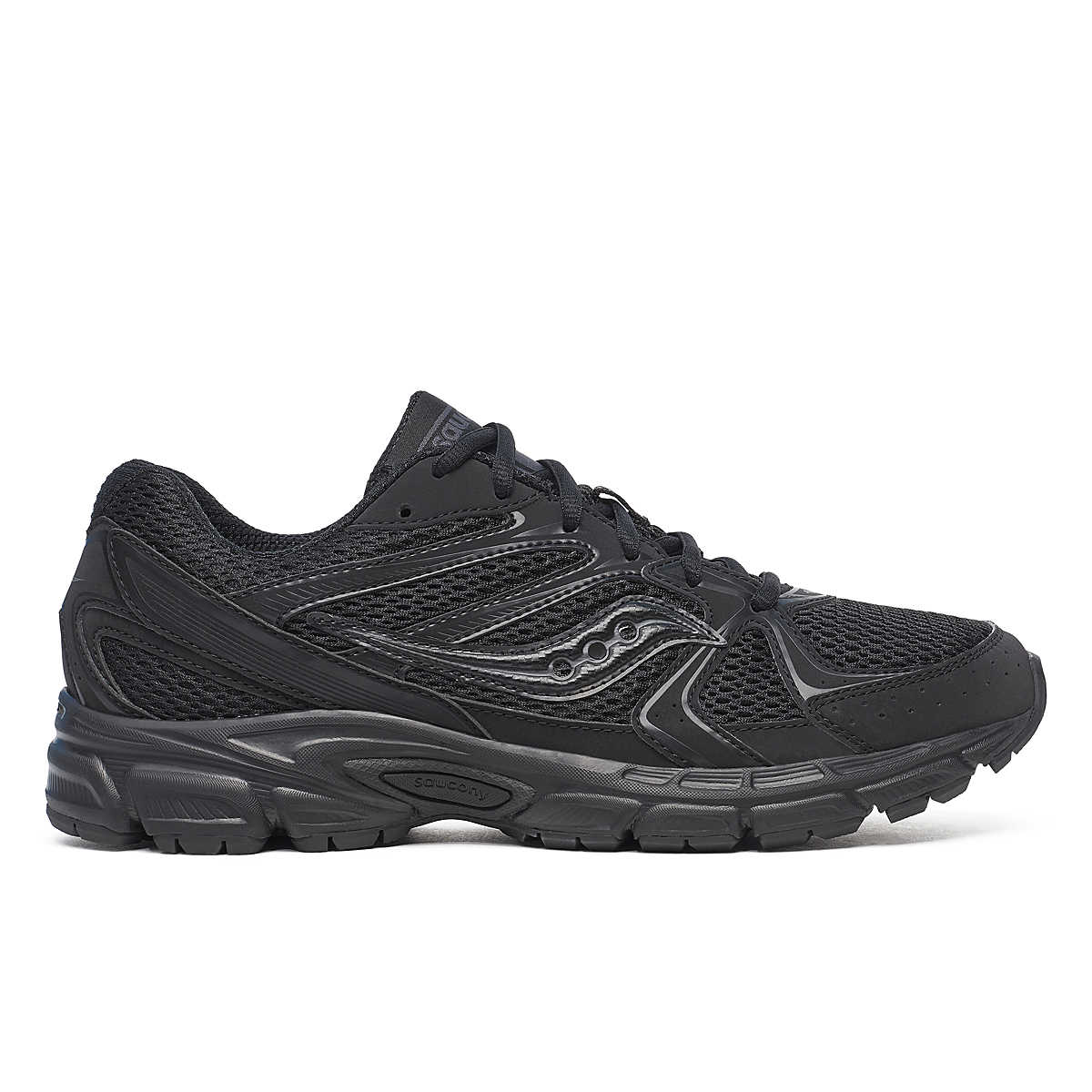 Saucony Grid Ride Millennium entièrement noire avec mesh texturé et semelle amortie GRID.Vue de coté