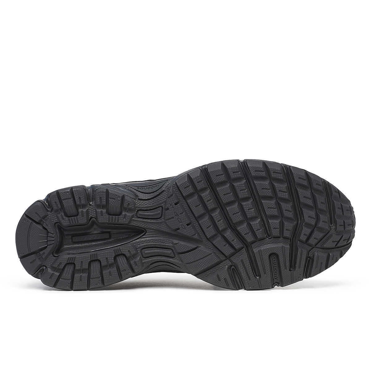 Saucony Grid Ride Millennium entièrement noire avec mesh texturé et semelle amortie GRID.Vue de la semelle 