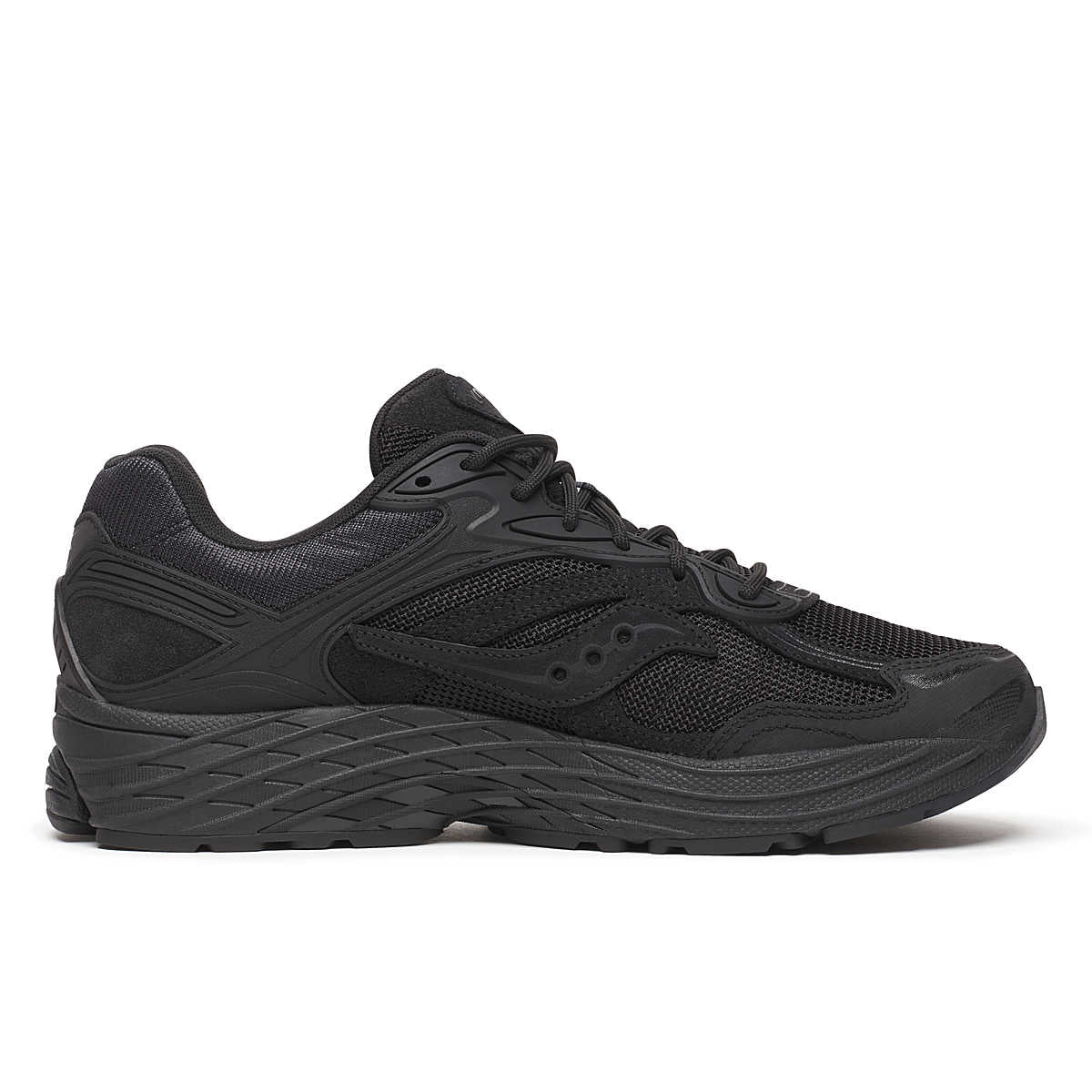 Saucony ProGrid Omni 9 Armor Black en mesh noir avec renforts synthétiques et technologie d’amorti ProGrid, intérieur vu de profil. 