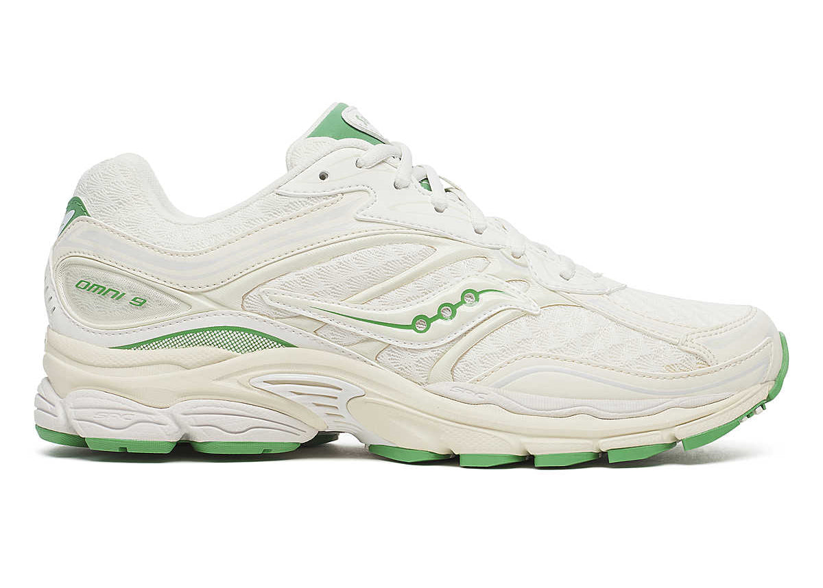Saucony ProGrid Omni 9 Branche d’Olivier en mesh respirant vert olive avec superpositions techniques et amorti ProGrid vue de profil. 