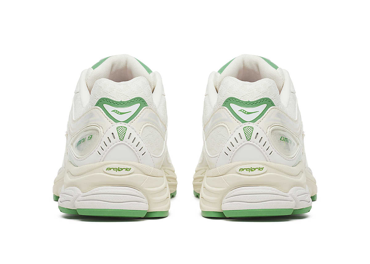 Saucony ProGrid Omni 9 Branche d’Olivier en mesh respirant vert olive avec superpositions techniques et amorti ProGrid vue de derrière. 
