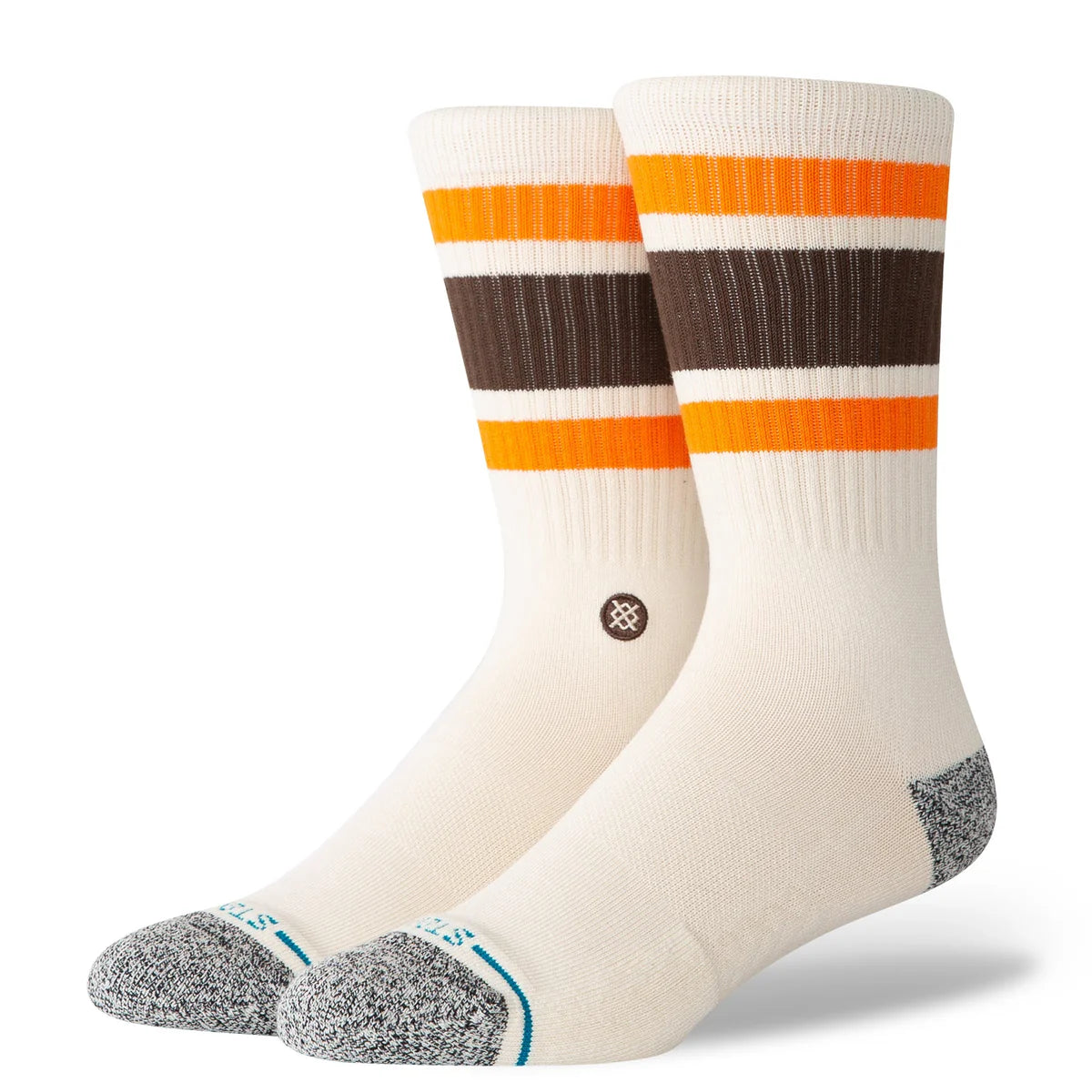Paire de chaussette beige à motif rayure marron et orange vue de 3/4 face